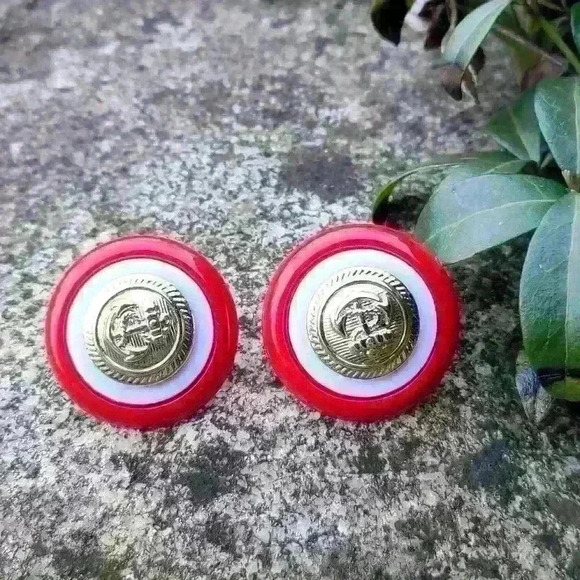 Vintage boat anchor  earrings red white gold colors - Picture 11 of 13